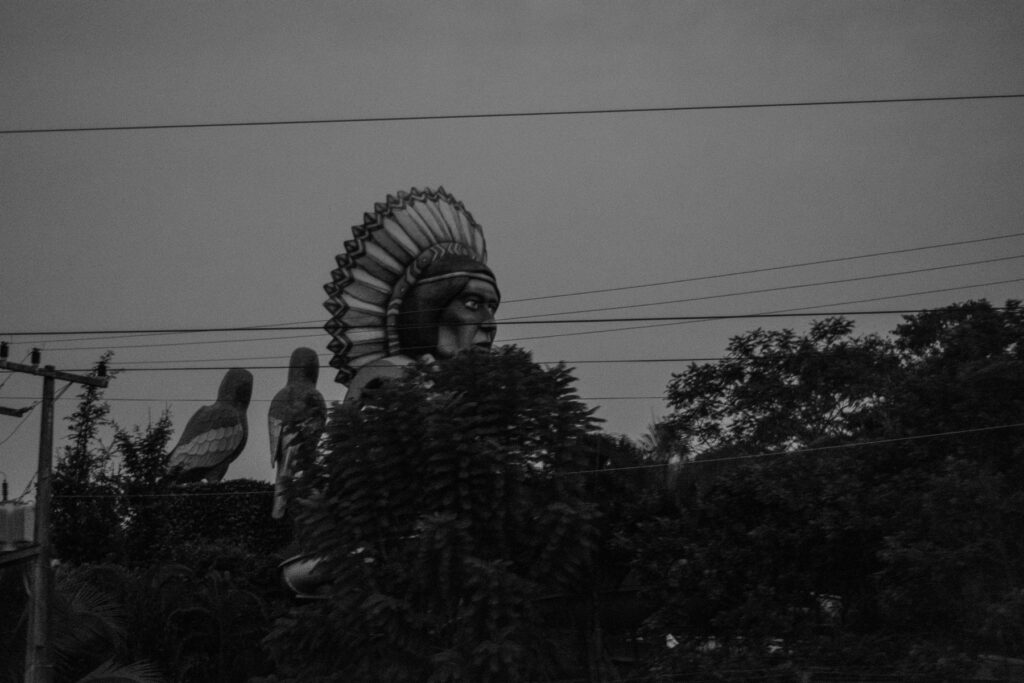 Fotografia em preto e branco. A estátua gigante de um indígena surge por entre as árvores, cabos elétricos e postes de luz.